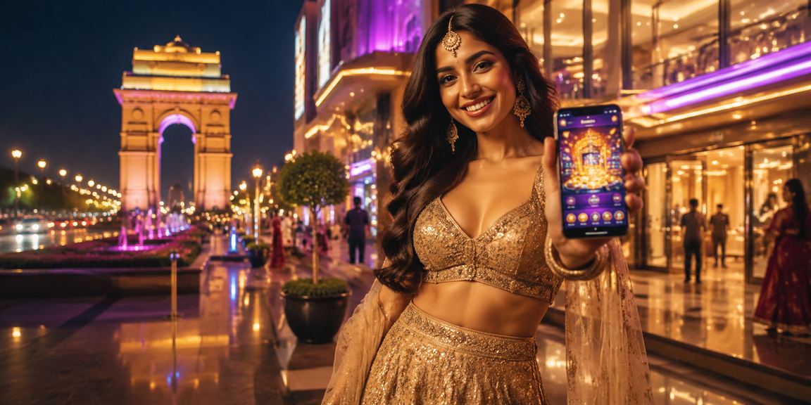 Happy Indian woman using 1115g4 casino app in Delhi