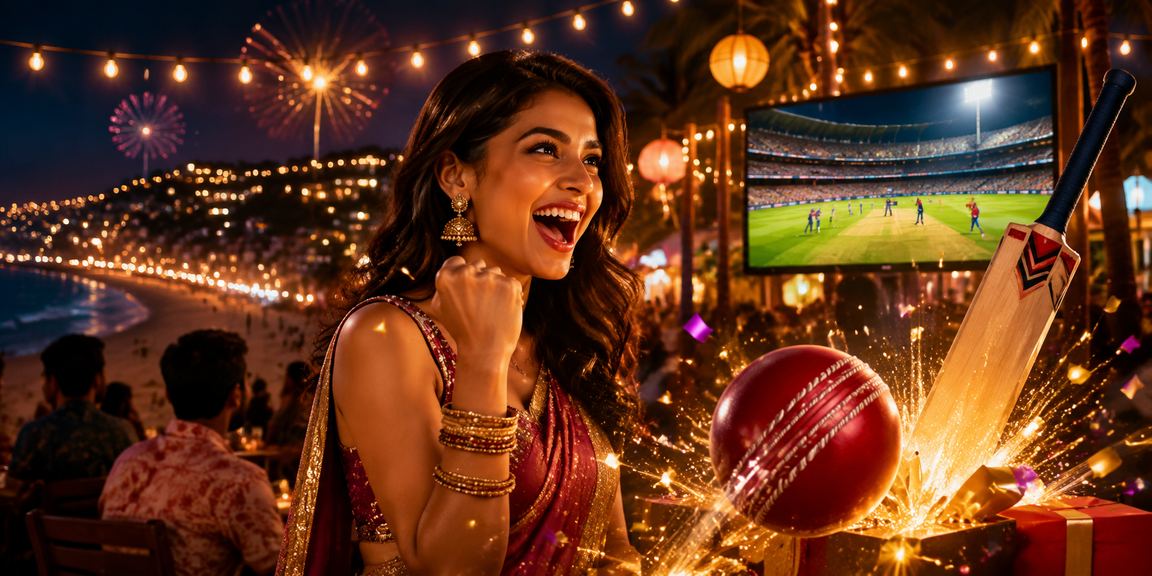 User betting on cricket match using mobile phone at a beach in India